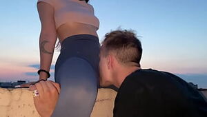 Outdoor Stretch pants Twat Adore Female dom on Rooftop