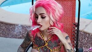 Color-Haired Lesbos Jack Pussys Hookup Fucktoys near the Pool and Smoking Flame Jade