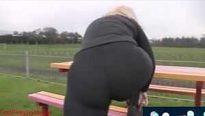 Mature mummy walk with ample bum stretch pants in park