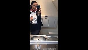 latina stewardess joins the getting off mile high club in the lavatory and ejaculates